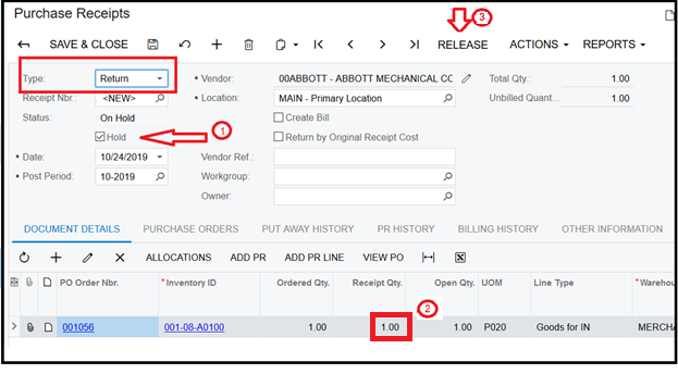 How to Return Items in the Purchase Orders Module